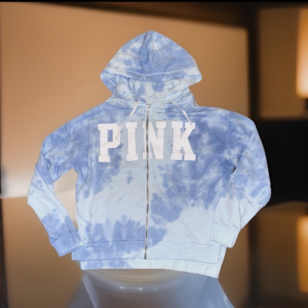 Victorias Secret Pink Full Zip Hoodie Sweater Jacket Top Blue Tie Dye Oversized